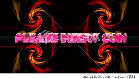 Image of please insert coin text against red digital wave spinning on black background 116177831
