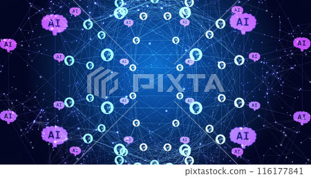 Image of connected people icons, ai text and dots forming globe and rotating 116177841