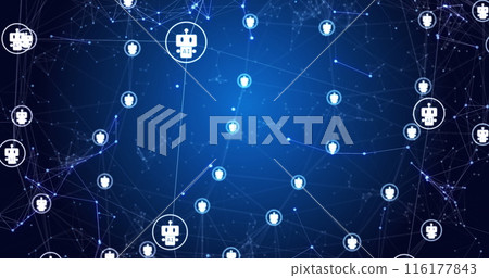 Image of dots and robot icons connecting with lines and moving on abstract background 116177843