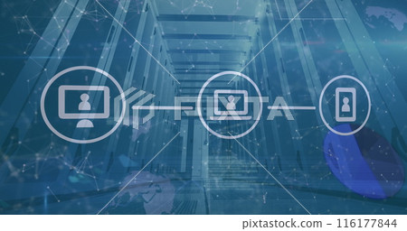Image of phone, laptop, computer icons forming flowchart and connected dots over server room 116177844