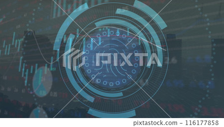 Image of biometric fingerprint scanner over stock market data processing against cityscape Image of biometric fingerprint scanner over stock market data processing against cityscape 116177858