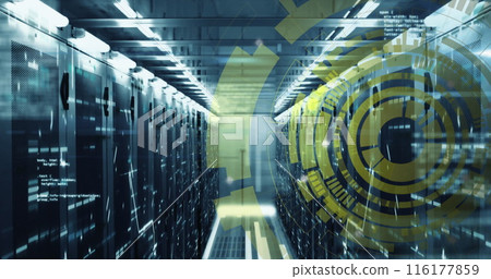Image of loading circles and computer language over bars on data server racks 116177859