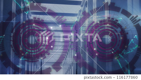 Image of loading circles, connected dots forming triangles over data server room Image of loading circles, connected dots forming triangles over data server room 116177860