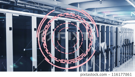 Image of loading circles and connected dots forming geometric shapes over server room Image of loading circles and connected dots forming geometric shapes over server room 116177861