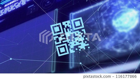 Image of looping qr codes, connected dots with globe, computer language over abstract background 116177866