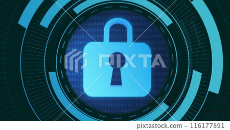 Image of padlock in moving circles with binary codes 116177891