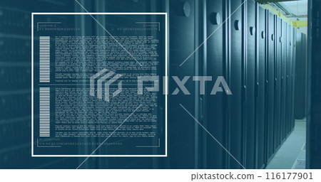 Image of loading bars and computer language over data server room 116177901