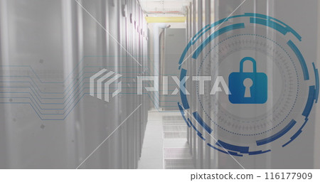 Image of padlock in loading circles over data server room 116177909