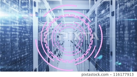 Image of loading circles over binary codes on data server racks in server room Image of loading circles over binary codes on data server racks in server room 116177913