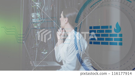 Image of firewall icon over caucasian female engineer checking data server using laptop Image of firewall icon over caucasian female engineer checking data server using laptop 116177914