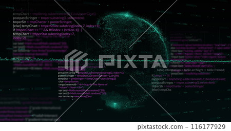 Image of computer language, graphs, globe and changing numbers over black background Image of computer language, graphs, globe and changing numbers over black background 116177929