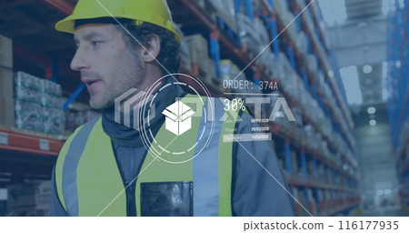 Caucasian male worker wearing yellow hard hat, checking orders Caucasian male worker wearing yellow hard hat, checking orders 116177935