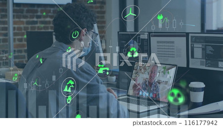 Caucasian son in glasses shows laptop to Caucasian father/grandfather 116177942