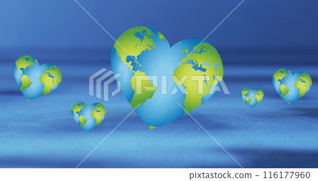 Several heart-shaped globes glowing in blue light, floating above surface 116177960