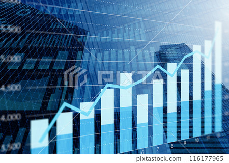成長型企業的財務資料影像。數據分析和管理。以摩天大樓為背景的大量統計數據。 116177965