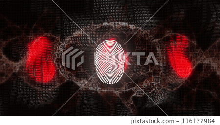 Red digital footprints and fingerprint glowing on dark world map background 116177984