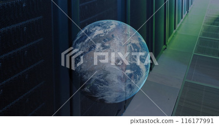 Image of globe moving over data server racks Image of globe moving over data server racks 116177991