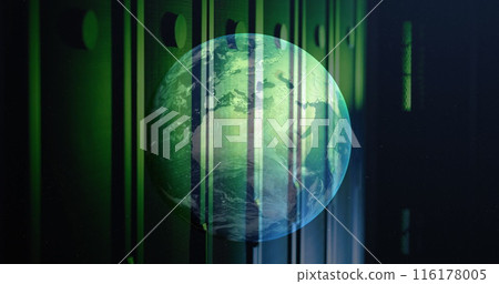 Image of moving globe against server room in background 116178005
