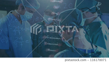 Image of rotating dna over caucasian female and male surgeons in face masks during operation Image of rotating dna over caucasian female and male surgeons in face masks during operation 116178071
