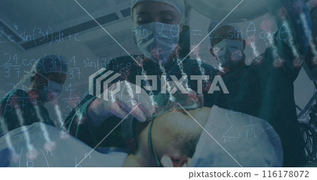 Image of rotating dna over caucasian female anesthesiologist preparing patient for operation Image of rotating dna over caucasian female anesthesiologist preparing patient for operation 116178072