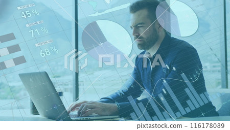 Image of data processing over caucasian businessman using laptop Image of data processing over caucasian businessman using laptop 116178089
