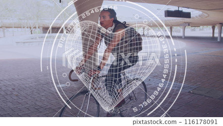 Image of heart and data over biracial male cyclist on bike 116178091