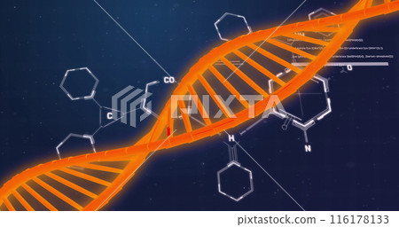 Image of dna strand and data processing with chemical formula on black background 116178133