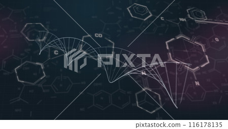 Image of dna strand and data processing over chemical formula on black background 116178135