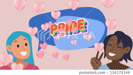 Image of pride text over heart and women icons 116178149