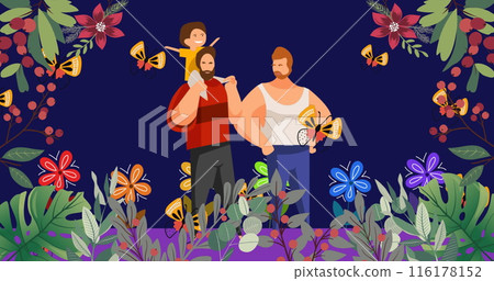 Image of flower icons over gay couple with son icon Image of flower icons over gay couple with son icon 116178152