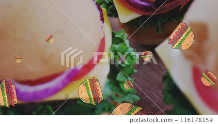 Image of hamburger icons over hamburgers on wooden surface 116178159