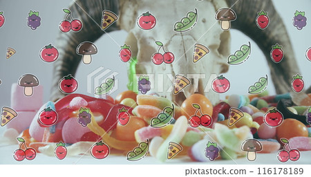 Image of falling food over fruit and vegetable on table Image of falling food over fruit and vegetable on table 116178189