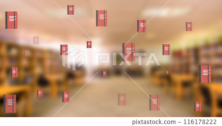 Image of book icons over library Image of book icons over library 116178222