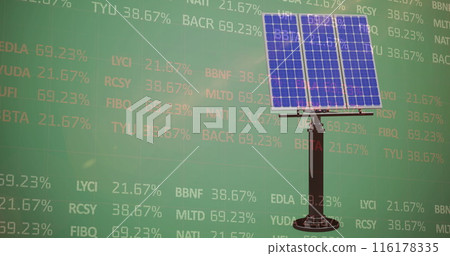 Image of stock market data processing over solar panel against green background Image of stock market data processing over solar panel against green background 116178335