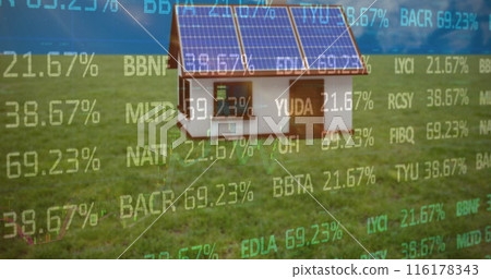 Image of financial data processing over cardboard boxes on conveyor belt in warehouse Image of financial data processing over cardboard boxes on conveyor belt in warehouse 116178343