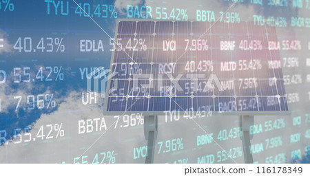 Image of stock market data processing over solar panel against blue sky Image of stock market data processing over solar panel against blue sky 116178349