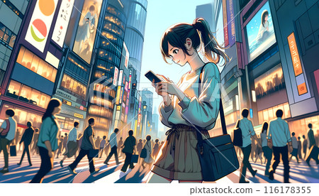 年輕女子一邊走在街上，一邊看著她的智慧型手機 116178355