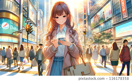 年輕女子一邊走在街上,一邊看著她的智慧型手機 年輕女子一邊走在街上,一邊看著她的智慧型手機 116178358