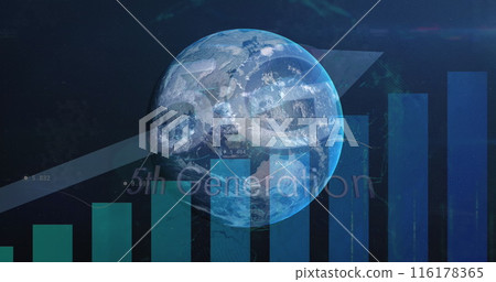 Image of globe financial data processing over globe spinning and arrows Image of globe financial data processing over globe spinning and arrows 116178365