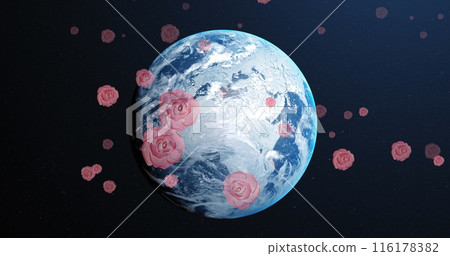 Image of falling roses over spinning globe 116178382