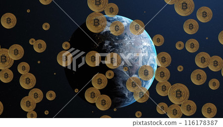 Image of falling bitcoins over spinning globe Image of falling bitcoins over spinning globe 116178387