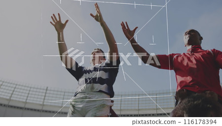 Image of game strategy over diverse male rugby players at stadium Image of game strategy over diverse male rugby players at stadium 116178394
