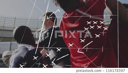 Image of game strategy over diverse male rugby players at stadium Image of game strategy over diverse male rugby players at stadium 116178397