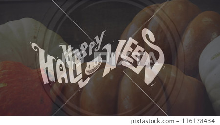 Image of happy halloween text over pumpkins 116178434