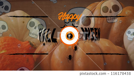 Image of happy halloween text over skulls and pumpkins 116178438