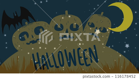 Image of halloween text over moon and pumpkins Image of halloween text over moon and pumpkins 116178452