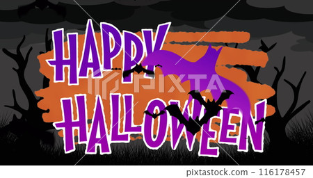 Image of happy halloween text over trees Image of happy halloween text over trees 116178457