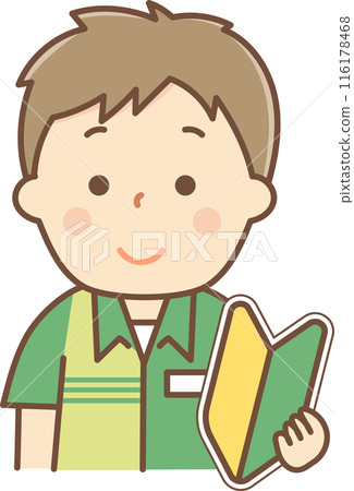 A part-time male worker holding a beginner's mark A part-time male worker holding a beginner's mark 116178468