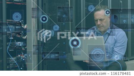 Image of moving screens over caucasian male server room worker 116178481