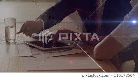Image of blue light over caucasian business people in office Image of blue light over caucasian business people in office 116178504